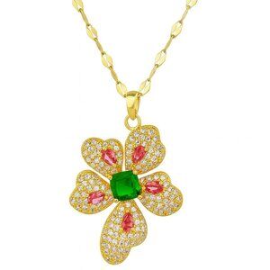 Women Rhinestone Stainless Steel Flower Pendant Necklace